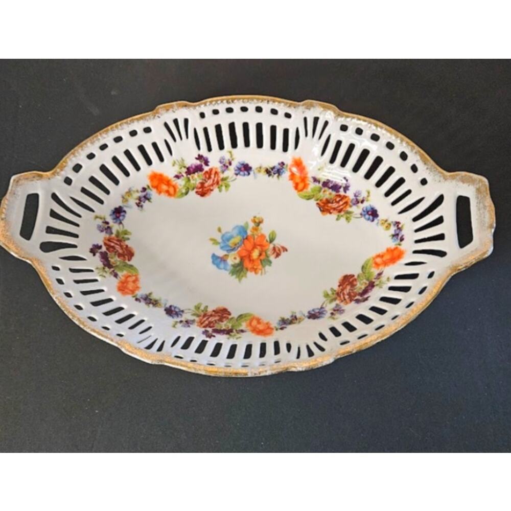 German Oval Serving Basket Bowl Reticulated Handles Roses Gold Gilt trim 9.5 x 6
